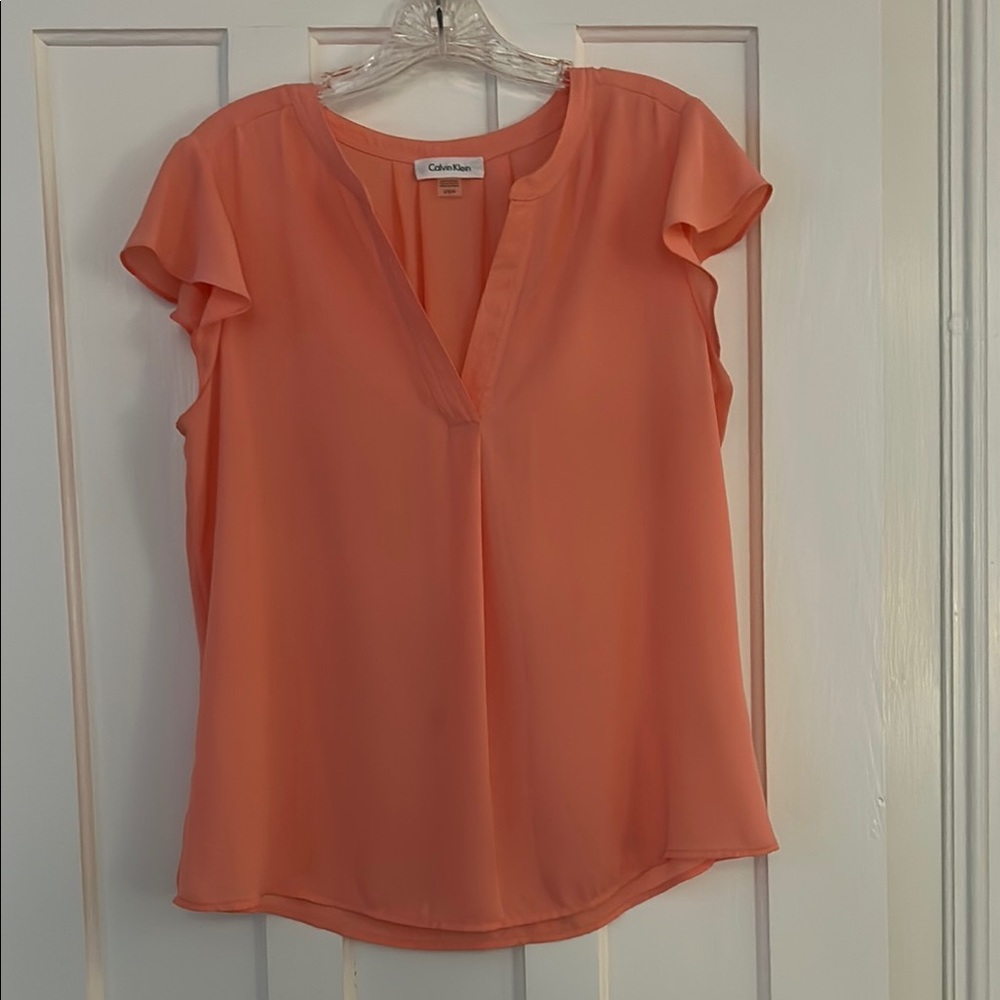 Calvin Klein Orange & Pink Flutter Sleeve Blouse (L)